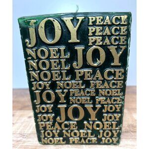 Green & Gold Decorative Holiday Candle With Embossed Text "Joy Peace Noel"